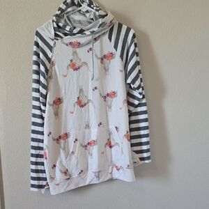 Striped Sleeve Floral Steer Long Sleeve Hoodie - White/Black